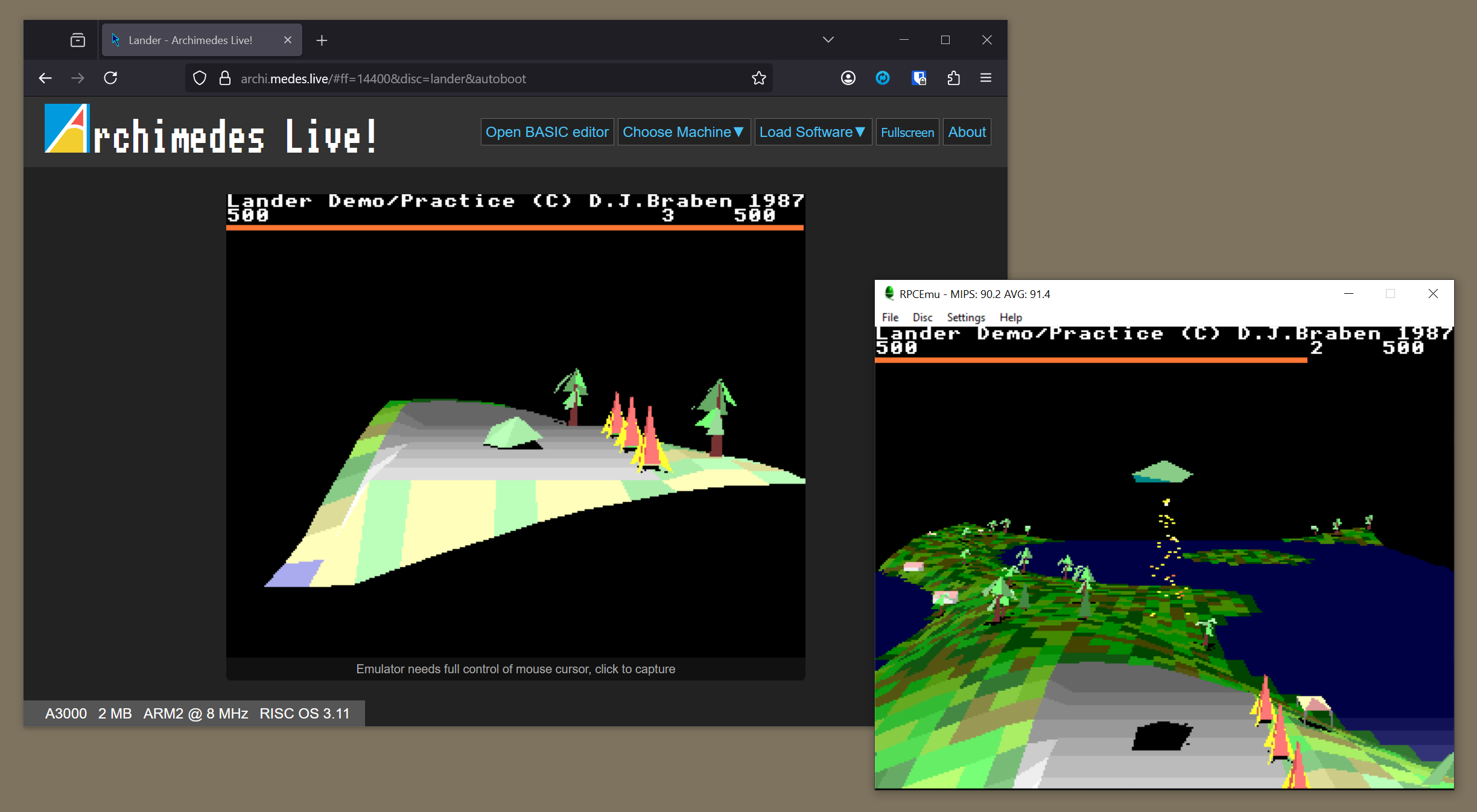 Lander in Archimedes Live and BigLander in RPCEmu